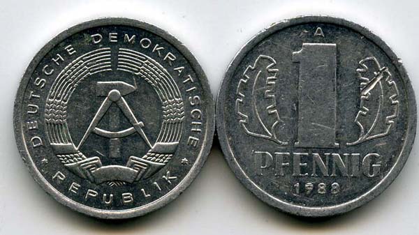 Монета 1 пфенинг 1988г Германия