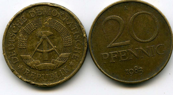 Монета 20 пфенингов 1983г Германия
