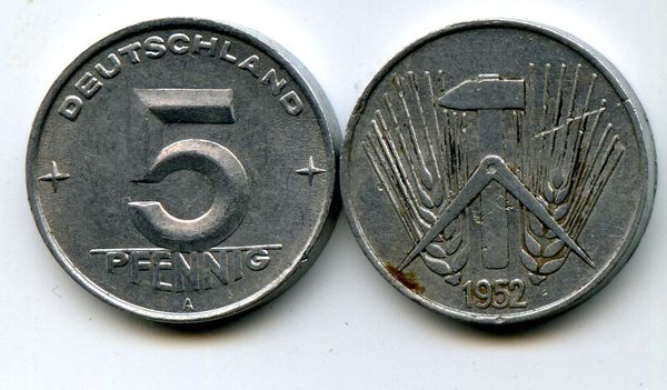 Монета 5 пфенингов 1952г А Германия