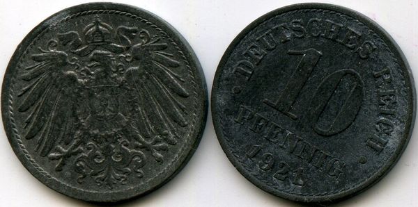 Монета 10 пфенингов 1921г Германия