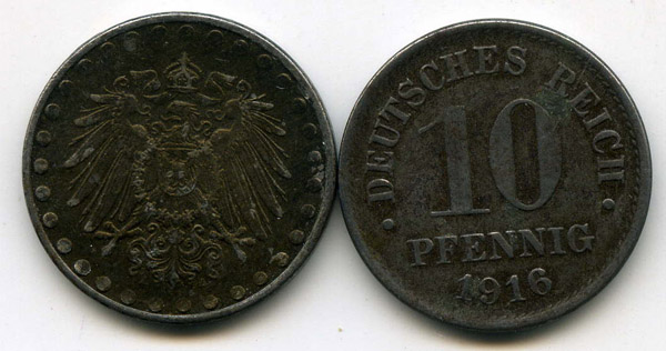 Монета 10 пфенингов 1916г Германия