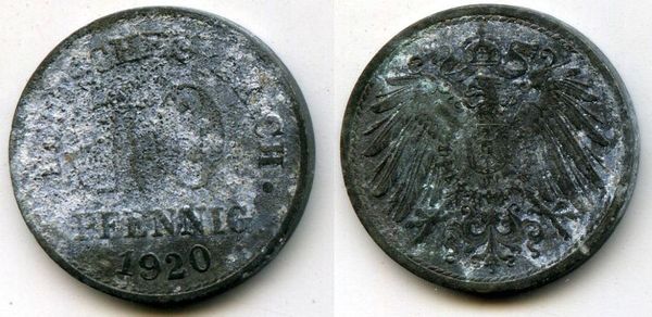 Монета 10 пфенингов 1920г Германия