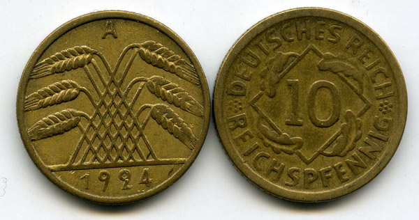 Монета 10 рейхспфенингов 1924г А Германия