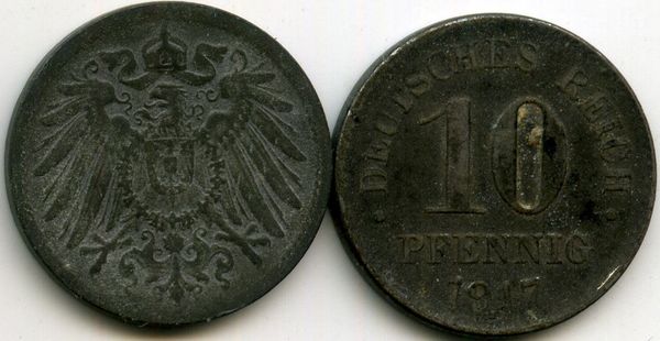 Монета 10 пфенингов 1917г Германия