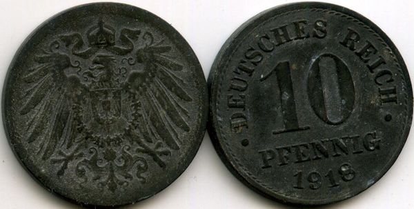 Монета 10 пфенингов 1918г Германия