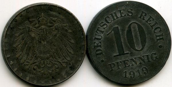 Монета 10 пфенингов 1919г Германия