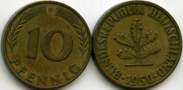 Монета 10 пфенингов 1950г D Германия