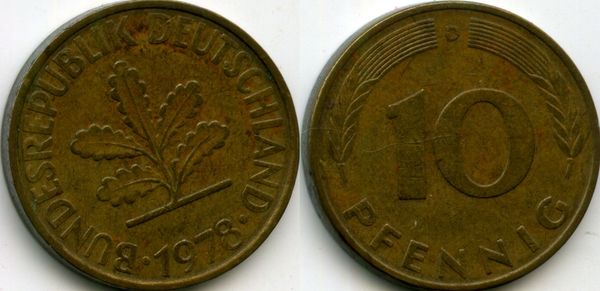 Монета 10 пфенингов 1978г D Германия