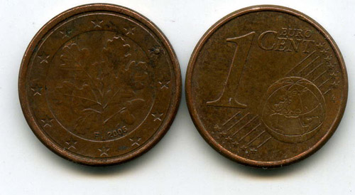 Монета 1 евроцент 2005г F Германия