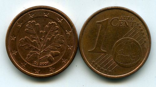Монета 1 евроцент 2007г Д Германия