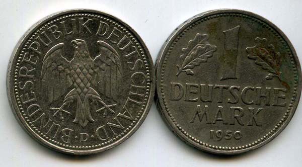 Монета 1 марка 1950г D Германия