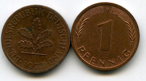 Монета 1 пфенинг 1978г J Германия
