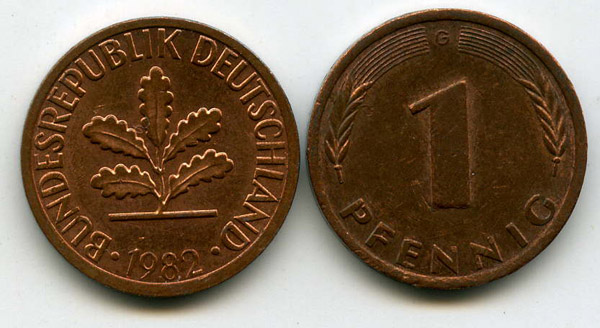 Монета 1 пфенинг 1982г G Германия