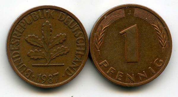 Монета 1 пфенинг 1987г D Германия