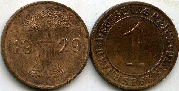 Монета 1 рейхспфенинг 1929г А Германия