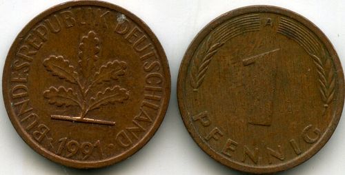 Монета 1 пфенинг 1991г A Германия