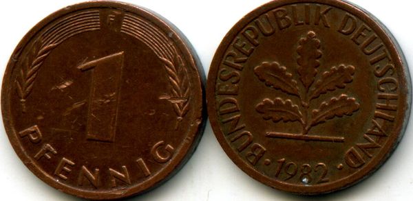 Монета 1 пфенинг 1982г F Германия