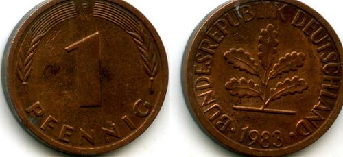 Монета 1 пфенинг 1983г F Германия