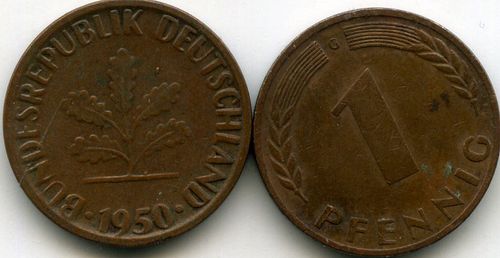 Монета 1 пфенинг 1950г G Германия