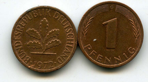 Монета 1 пфенинг 1972г G Германия
