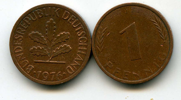 Монета 1 пфенинг 1975г J Германия