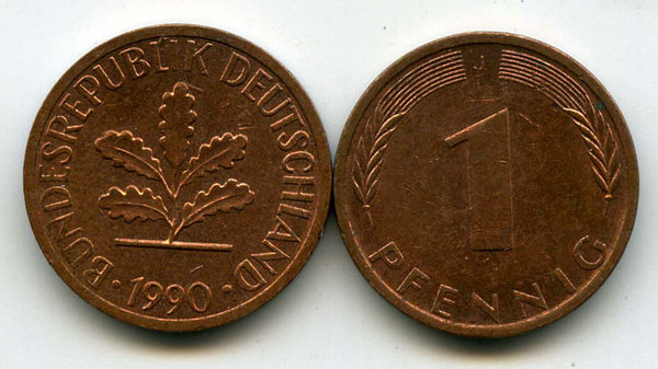 Монета 1 пфенинг 1990г G Германия