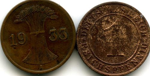 Монета 1 рейхспфенинг 1933г А Германия
