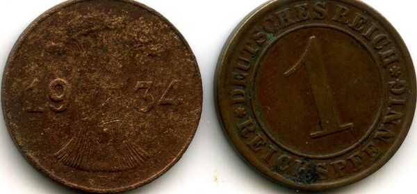 Монета 1 рейхспфенинг 1934г Е Германия