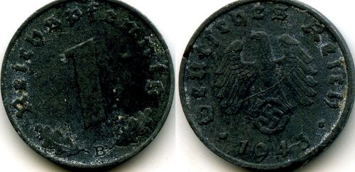 Монета 1 рейхспфенинг 1943г В Германия