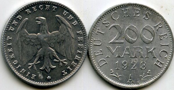 Монета 200 марок 1923г A Германия