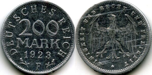 Монета 200 марок 1923г F Германия