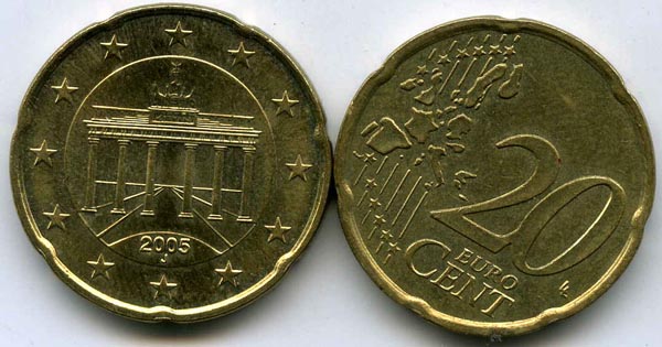 Монета 20 евроцентов 2019г J Германия