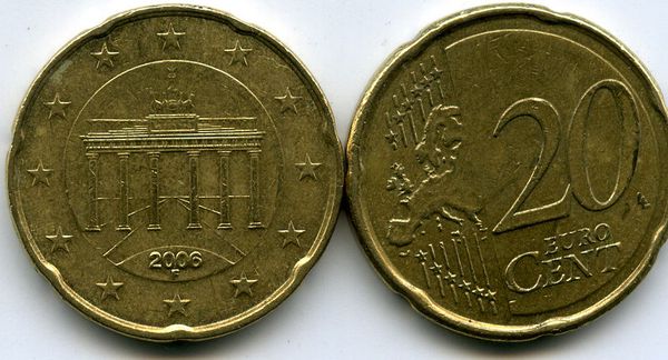Монета 20 евроцентов 2006г F Германия