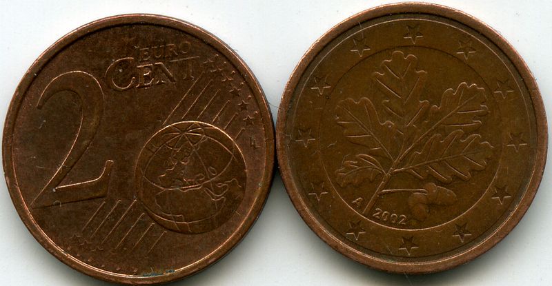 Монета 2 евроцента 2002г A Германия
