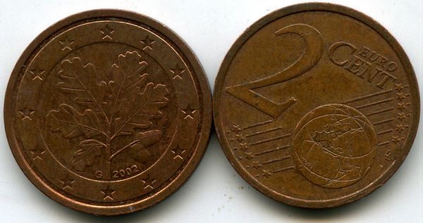 Монета 2 евроцента 2002г J Германия