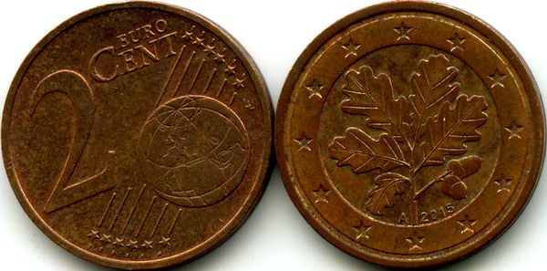 Монета 2 евроцента 2015г A Германия