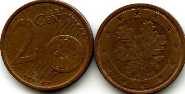 Монета 2 евроцента 2002г D Германия