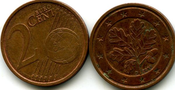 Монета 2 евроцента 2008г D Германия