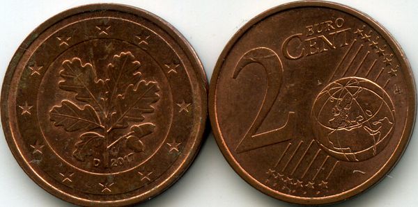Монета 2 евроцента 2017г D Германия