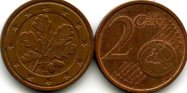 Монета 2 евроцента 2010г F Германия