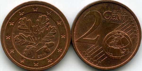 Монета 2 евроцента 2011г J Германия