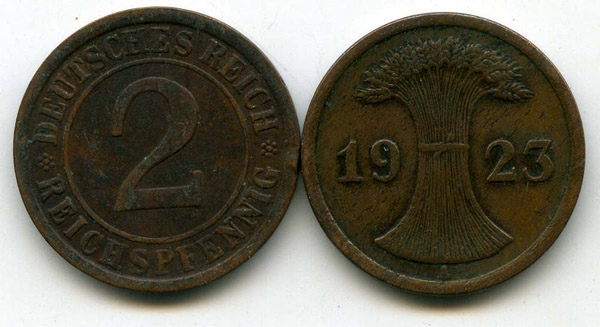 Монета 2 рейхспфенинга 1923г А Германия