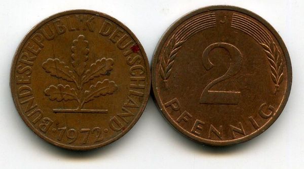 Монета 2 пфенинга 1972г J Германия