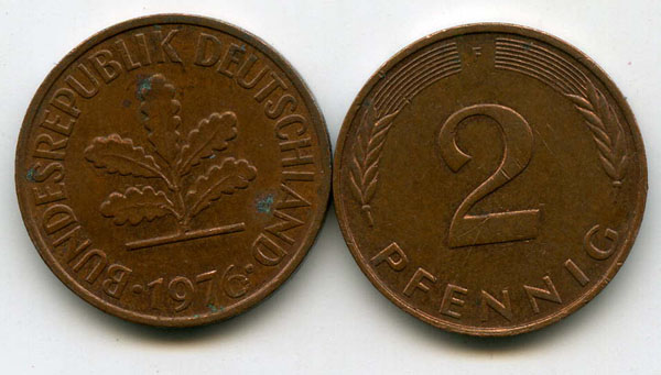 Монета 2 пфенинга 1976г G Германия