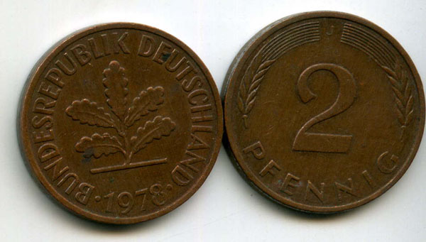Монета 2 пфенинга 1978г G Германия