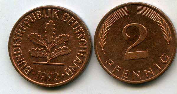 Монета 2 пфенинга 1992г F Германия