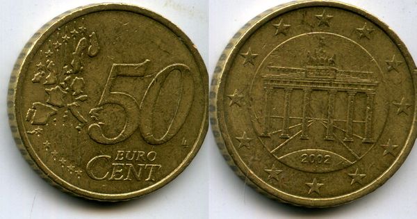 Монета 50 евроцентов 2002г J Германия