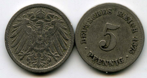 Монета 5 пфенингов 1875г Германия