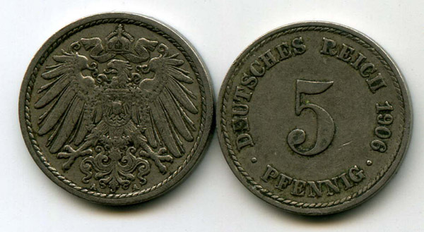 Монета 5 пфенингов 1906г A Германия