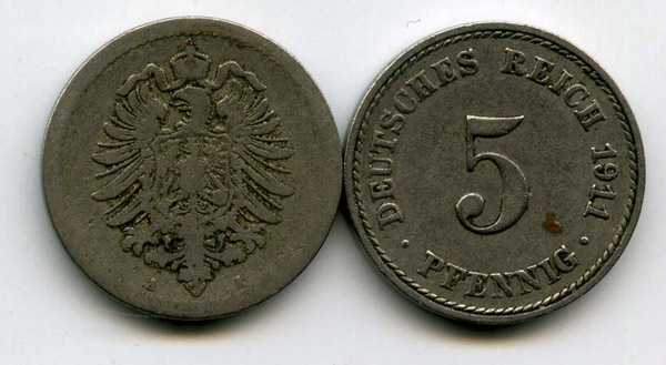 Монета 5 пфенингов 1911г А Германия